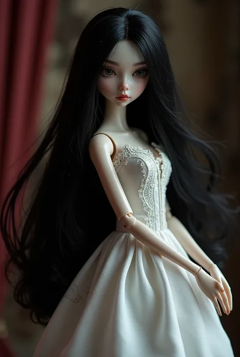 Create a 30-year-old doll with long black hair, white skin and a flared dress