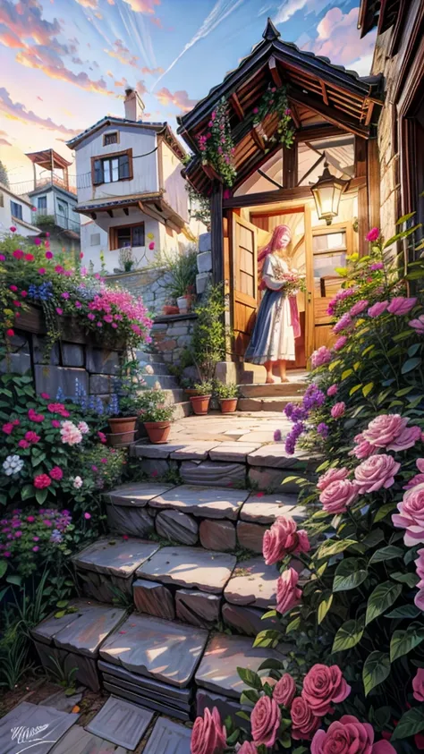 painting of a beautiful house front decorate with many roses,pink and half glass door, stone pathway,small stairs to the door, hanging door lamps, sunkissed image,flowers, beautiful art uhd 4 k, a beautiful artwork illustration, beautiful digital painting,...