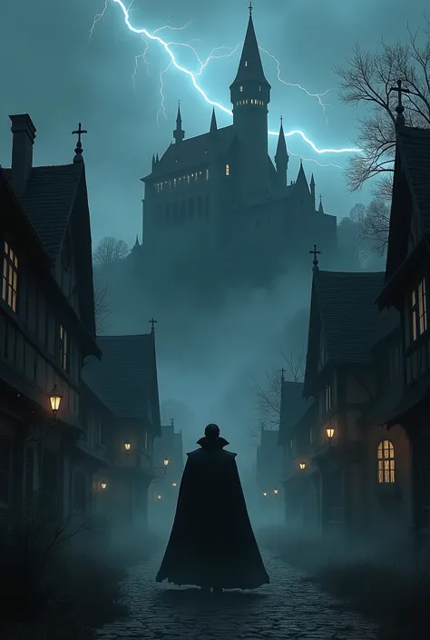 a small medieval gothic town with lights only inside the buildings, some buildings even completely dark and a bit fog on the street; there is a vampire count with dark hair in front of his dark and spooky castle on top of a high hill and under a dark sky w...