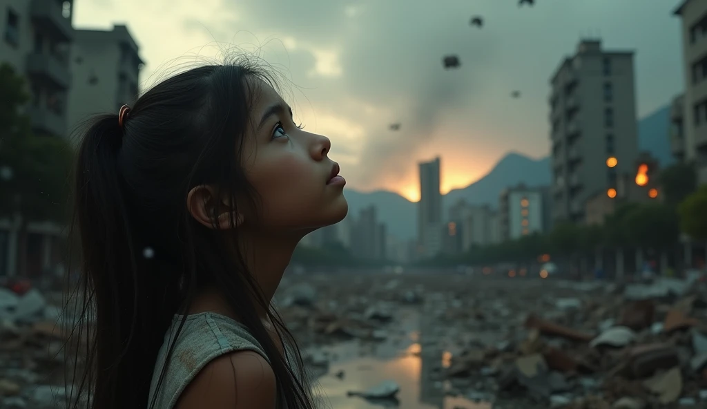 2024; (masterpiece, best quality) destroyed city (Rio de Janeiro)1sad girl looking up(close-up); bombs falling from the sky.