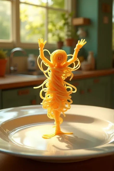 Leonardo Ai Prompt - " A whimsical miniature figure composed of delicately arranged noodles , poised in a carefree dance on the rim of a plate , white shiny plate , set on a table , vibrant kitchen backdrop, where dappled sunlight filters through the canop...