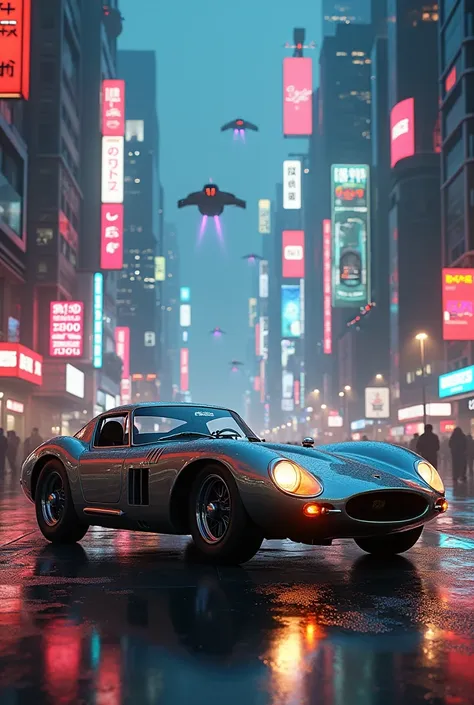 Old sports car parking between cyberpunk city