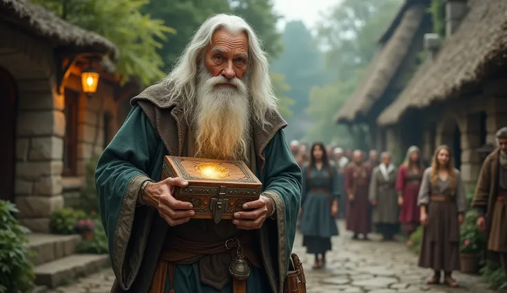 An elderly man with a long white beard enters the village, carrying a mysterious old box with a faint glow. The villagers are curiously watching him from a distance.