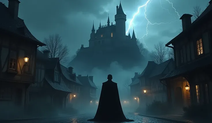 a small medieval gothic town with lights only inside the buildings, some buildings even completely dark and a bit fog on the street; there is a vampire count with dark hair in front of his dark and spooky castle on top of a high hill and under a dark sky w...