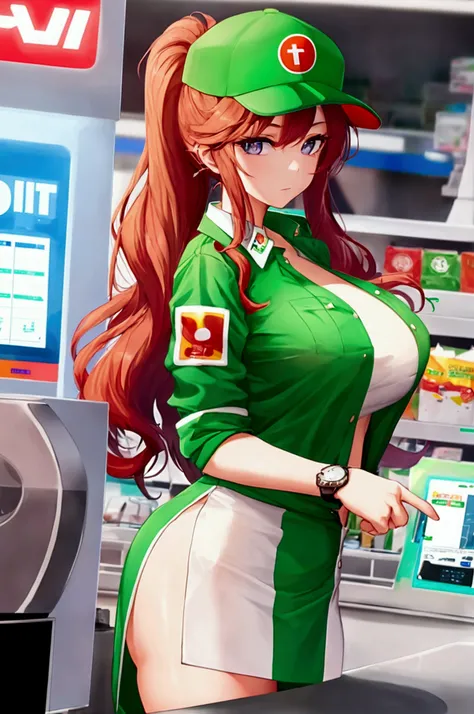 A beautiful girl wearing a 7 Eleven uniform is standing at the checkout counter. She has medium breasts and she is wearing a cap and a watch. 