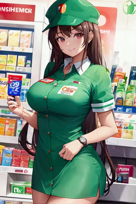 A beautiful girl wearing a 7 Eleven uniform is standing at the checkout counter. She has medium breasts and she is wearing a cap and a watch. 