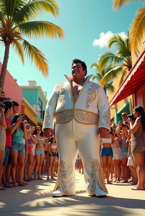 Imagine Elvis Presley obese, iconic King of Rock and Roll, on Fifth Avenue in Playa del Carmen, Mexico. Dressed in his signature white rhinestone suit, is located under the tropical sun, smiling and posing with excited tourists. Around it, The vibrant stre...