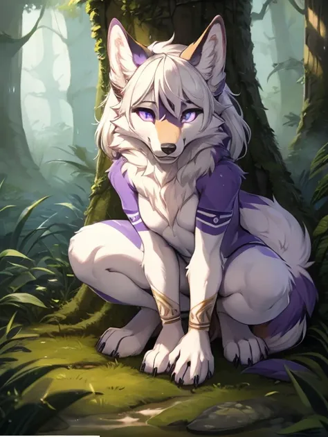 Naomi, solo, female, (slim), (white female anthro wolf):1.3, standing, (brown tribal clothing, skimpy) detailed eyes, wolf tail, long white hair,  (detailed eyes, purple eyes, glowing eyes):1.1, (outdoors:1.35), in a jungle, (heavy rain):1.4, night, detail...