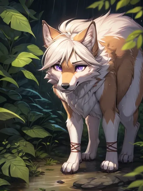 Naomi, solo, female, (slim), (white female anthro wolf):1.3, standing, (brown tribal clothing, skimpy) detailed eyes, wolf tail, long white hair,  (detailed eyes, purple eyes, glowing eyes):1.1, (outdoors:1.35), in a jungle, (heavy rain):1.4, night, detail...