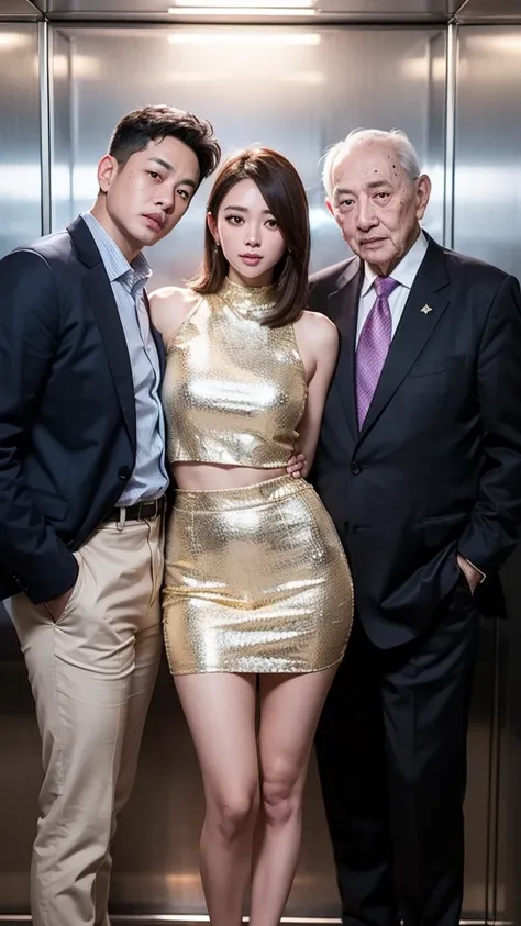 2 boys, oldman, photo of a young asian woman (sandwiched between two old guys), 1girl is wearing a short suit, big ，thigh skirt ...