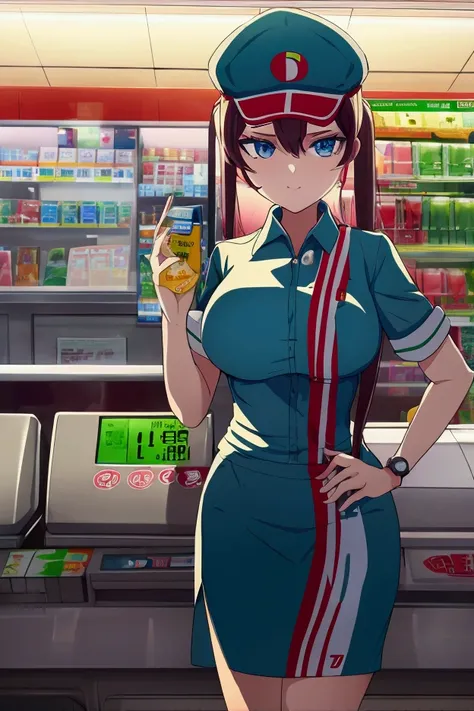 A beautiful girl wearing a 7 Eleven uniform is standing at the checkout counter. She has medium breasts and she is wearing a cap and a watch. 