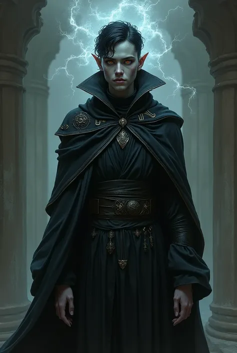 A shadar-kai elf character, sorcerer, gray-skinned, amber eyes, short black hair, black robes and a somewhat somber appearance, grown-up.
