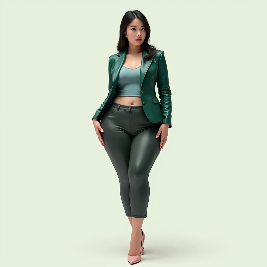 captured with a Sony α7 III camera, young Asia, an narrow waist, wide hips, and a full bust. The proportions are highly stylized, with a sharp contrast between the tiny waist and the expansive curves of the hips and chest, full body shot, fitted leather bl...