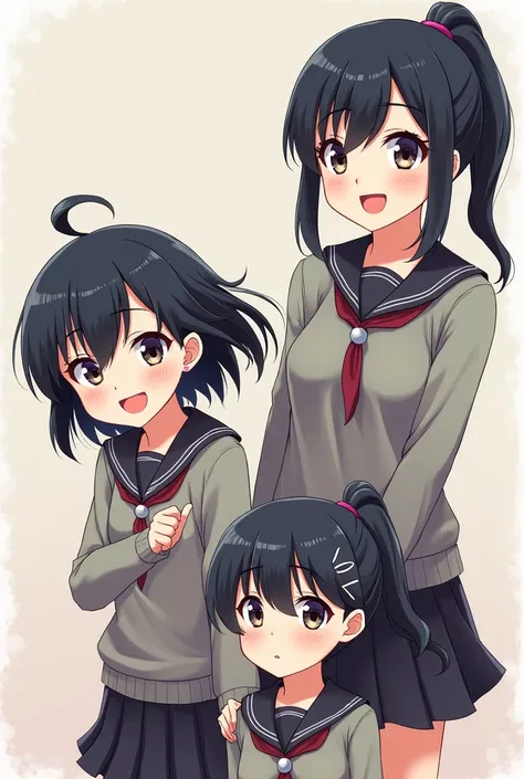 Three girls Black hair with school uniform one short girl chubby and medium height girl one side hair tied one tall girl with ponytail 