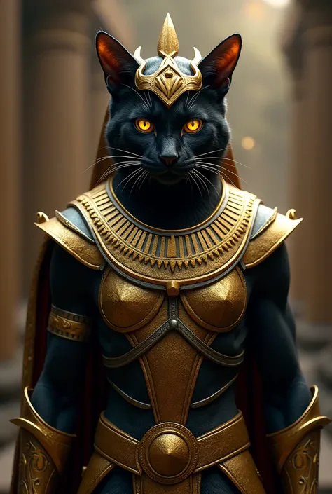 A humanoid black cat wearing golden Egyptian armor.