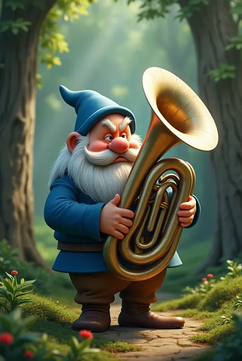 Grumpy Dwarf from Disney&#39;s Seven Dwarfs with a large white sousaphone in a blue suit and hat
