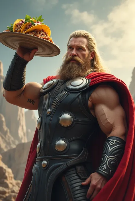 An image of Thor with some tacos al pastor as a hammer but without the stick and the tacos are on a plate 




