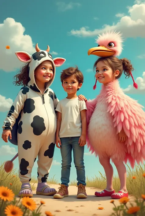 Three girls one dressed up as cow one dressed like ostrich 3Rd one with tshirt and pant 