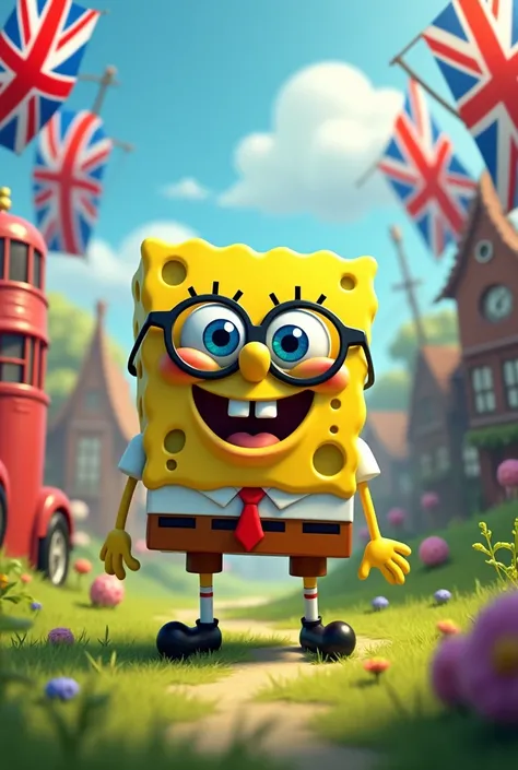 Spongebob with glasses in the UK with UK flags