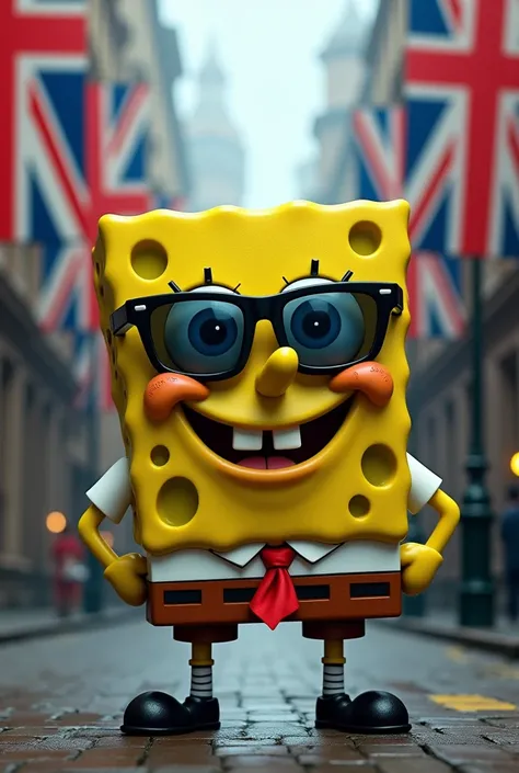 spongebob with sunglasses, gangster, in the United Kingdom with flags of the United Kingdom