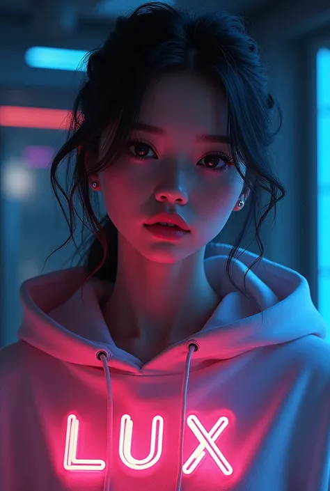 Realistic girl with angelic face wearing a black neon hoddie with name (LUX) and black With background (neon dark theme)