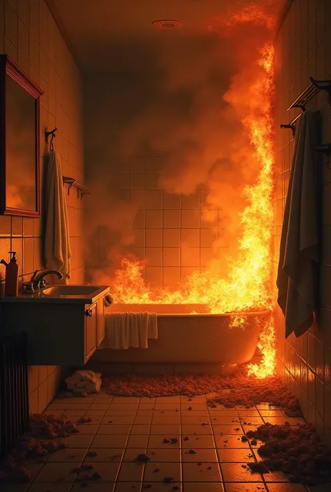 Create a picture of a bathroom on fire without people