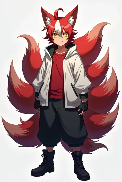 Create a Kitsune with half white and half red hair, with a ponytail, with fringe on the left side, yellow  eyes, eyes large, humanoid, with ears and nine tails, o nome dele é Kito Kaiiatsubaky, Men&#39;s White Windbreaker Jacket with Red Shirt, black pants...