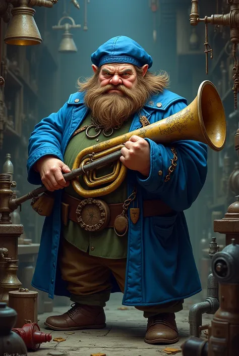 Grumpy dwarf with tuba instrument and blue clothes and hat 
