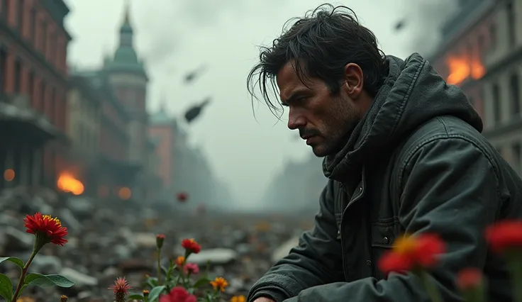 2024; (masterpiece, best quality) destroyed city (Moscou); flowers on the ground;1sad man looking Down(close-up); bombs falling from the sky.; fire around.