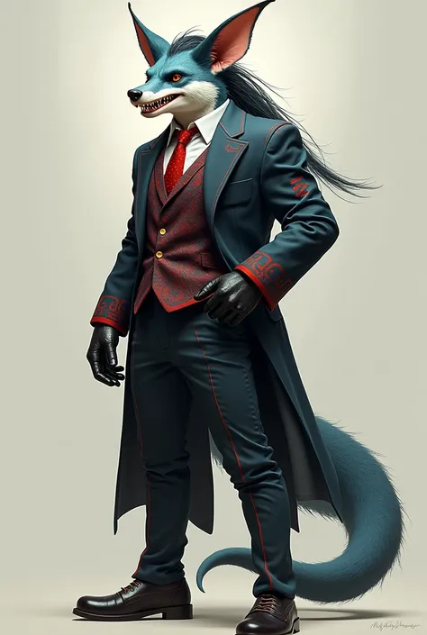 Tall male, bat ears, bat wings, shark tail, fox fur on the cheeks, fox fur on some parts of the body, shark teeth, hes wearing a suit with red paterns, full body picture, he has a pony tail hairstyle, hes a human being


