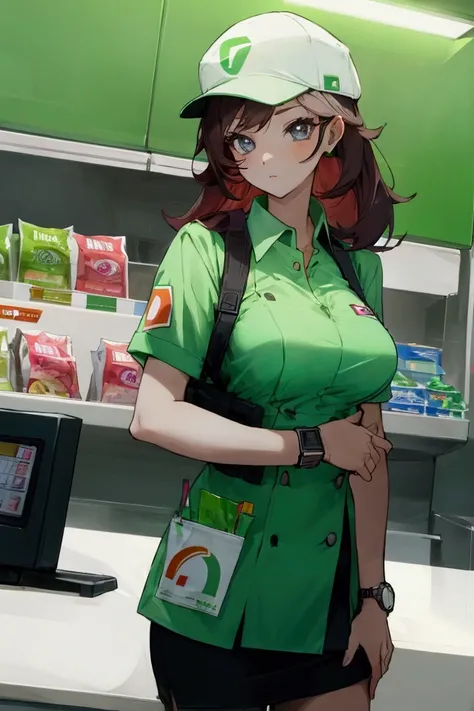 A beautiful girl wearing a 7 Eleven uniform is standing at the checkout counter. She has medium breasts and she is wearing a cap and a watch. 