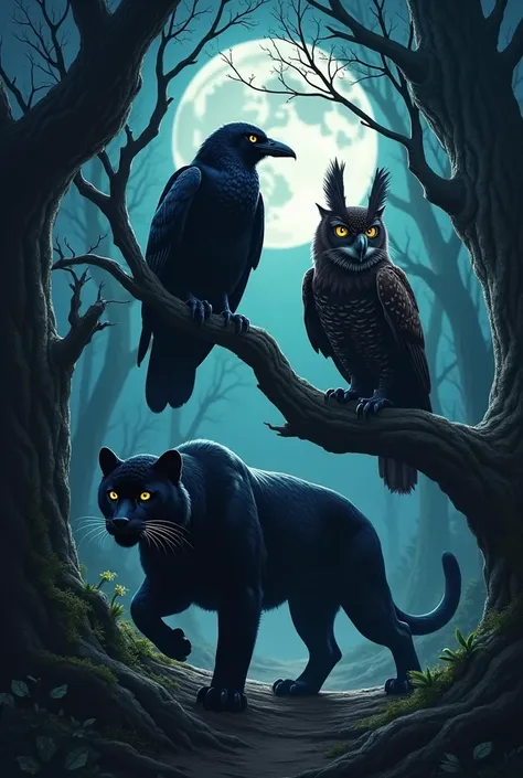 a crow, an owl and a black panther in a forest, at night