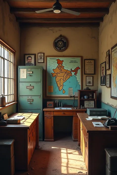 Design an authentic rural Indian police station in a Maharashtrian village. Incorporate weathered wooden desks, metal filing cabinets, and the **Satyamev Jayate emblem** prominently displayed. Include maps of India and Maharashtra, a nameplate for Inspecto...