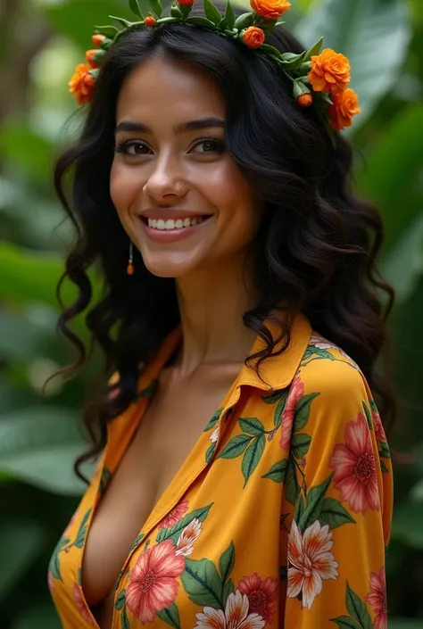 A Brazilian woman in a lush tropical garden, wearing an open shirt with a floral print, with a close-up capturing the harmonious beauty between her breasts and the natural flowers, showing off your natural charm and outgoing personality.