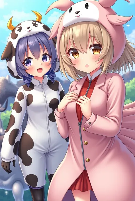 Three anime girls one dressed up as cow 2nd girl  dressed up like ostrich 3Rd girl with top