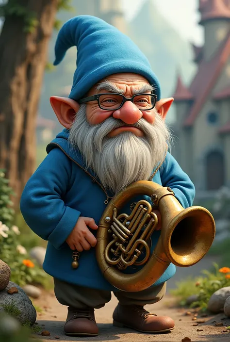 Grumpy dwarf with tuba sousaphone instrument and blue clothes and hat in the shape of Disney 

