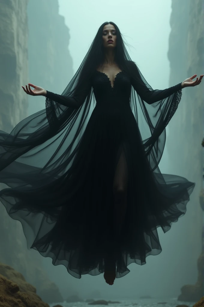 A woman flying in the air full her face cover with black dress her hand raise up and she wear black dress