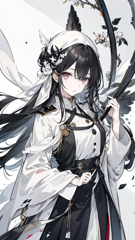 wagtail，Long black hair，Hair tips are white，Different colored eyes，The eyes are different color，The left eye is black，Right eye is silver，White military uniform with black decoration