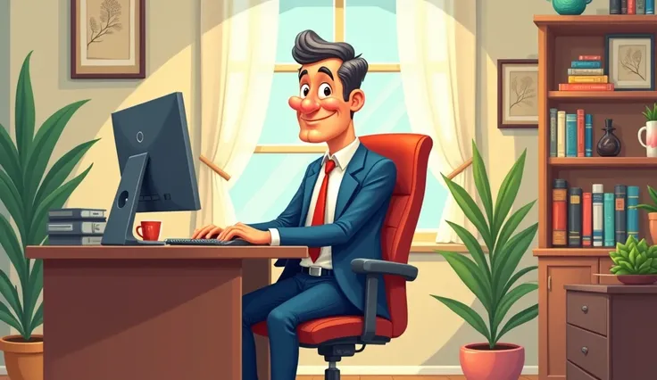 Create an cartoon image of a man who ia wearing office dress and work in the office sitting on the chair on yhe computer desk