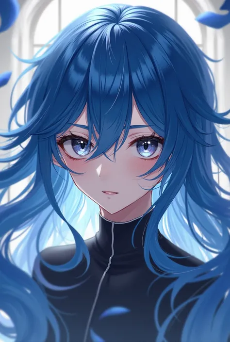 Long wavey blue hair, male, grey eyes, anime style