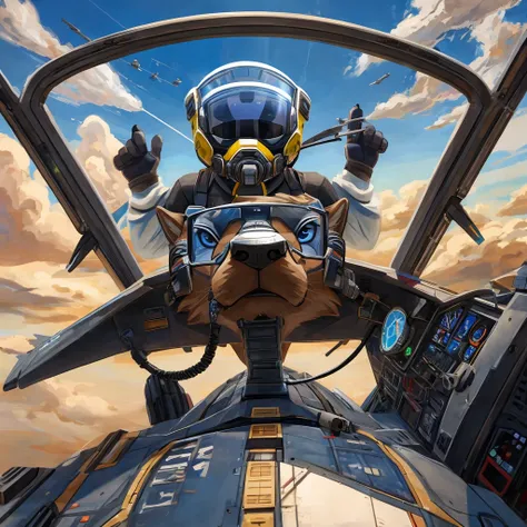 Fighter jet cockpit, front view, furry, art, canine, brown fur, fluffy, fighter pilot helmet, black semitransparent visor on, fighter pilot oxygen mask on, clouds, another fighter jet chasing him behind, flying, cockpit, 