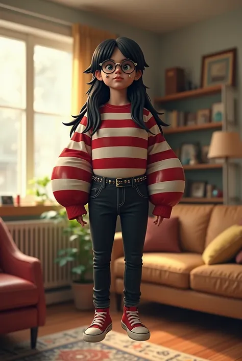 (photorealism:1.2), Create an emo college boy with long black hair that goes down to his neck. Give him round glasses. Make him wear a tight, red and white striped long-sleeve shirt, black skinny jeans, a studded belt, and red Chuck Taylor shoes. Put small...