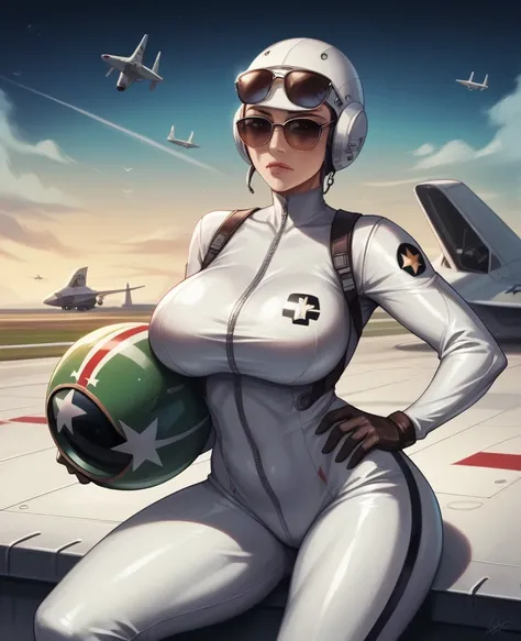 a beautiful Indonesian girl, sexy, big breasts, and curvaceous body shape, wearing sunglasses, wearing a complete pilot suit, holding a pilots helmet, and all the tools needed are written on her clothes, sitting on the asphalt very tired, with the words "M...