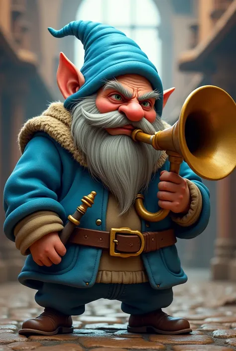 Grumpy dwarf with tuba sousaphone instrument and blue clothes and hat in the shape of Disney cartoon

