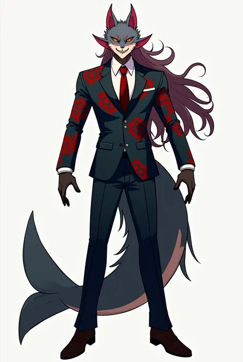 Tall human male, bat ears, bat wings, shark tail, fox fur on the cheeks, fox fur on some parts of the body, shark teeth, hes wearing a suit with red paterns, full body picture, long hair


