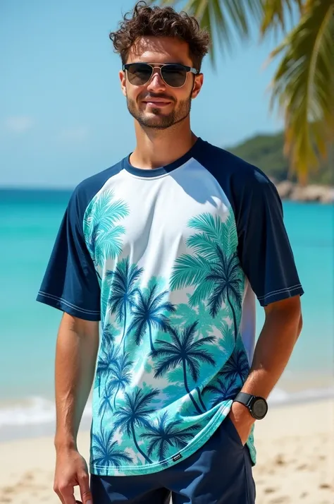 Create a BASEBALL shirt that doesn&#39;t say JETZODIAM that has the colors turquoise blue, dark blue and white with things from Hawaii 