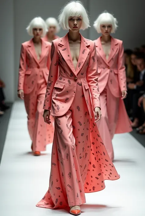 Imagine an avant-garde runway show featuring models wearing dresses made entirely of formal suit, showcasing the creativity and innovation in fashion design. The watermelon outfits could be adorned with intricate patterns or textures to create unique desig...