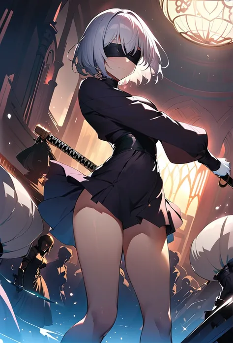 2B Nier Automata,masterpiece, 最high quality, High resolution,  Black clothes 、Black Pantyhose、Dark church at night、Wear a miniskirt、Thin legs、Big Breasts、Slim figure、high quality　CG Tone、Gray Hair、Black blindfold、Short Bob、stylish、Japanese sword、Clothes ge...