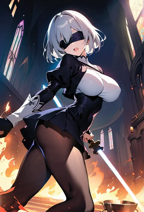 2B Nier Automata,masterpiece, 最high quality, High resolution,  Black clothes 、Black Pantyhose、Dark church at night、Wear a miniskirt、Thin legs、Big Breasts、Slim figure、high quality　CG Tone、Gray Hair、Black blindfold、Short Bob、stylish、Japanese sword、Clothes ge...