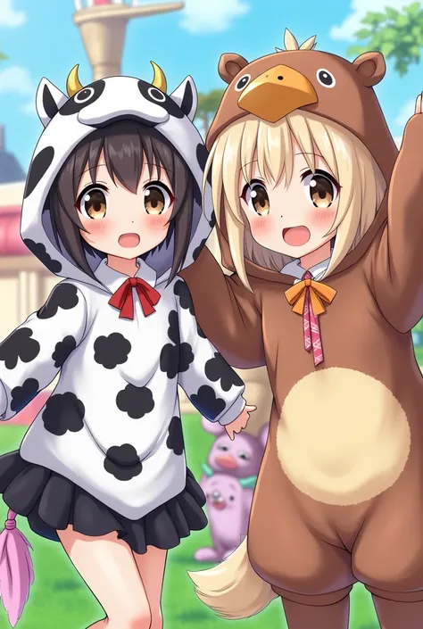 Three anime girls one dressed up as cow other girl  dressed up like brown ostrich and other girl as teddy 